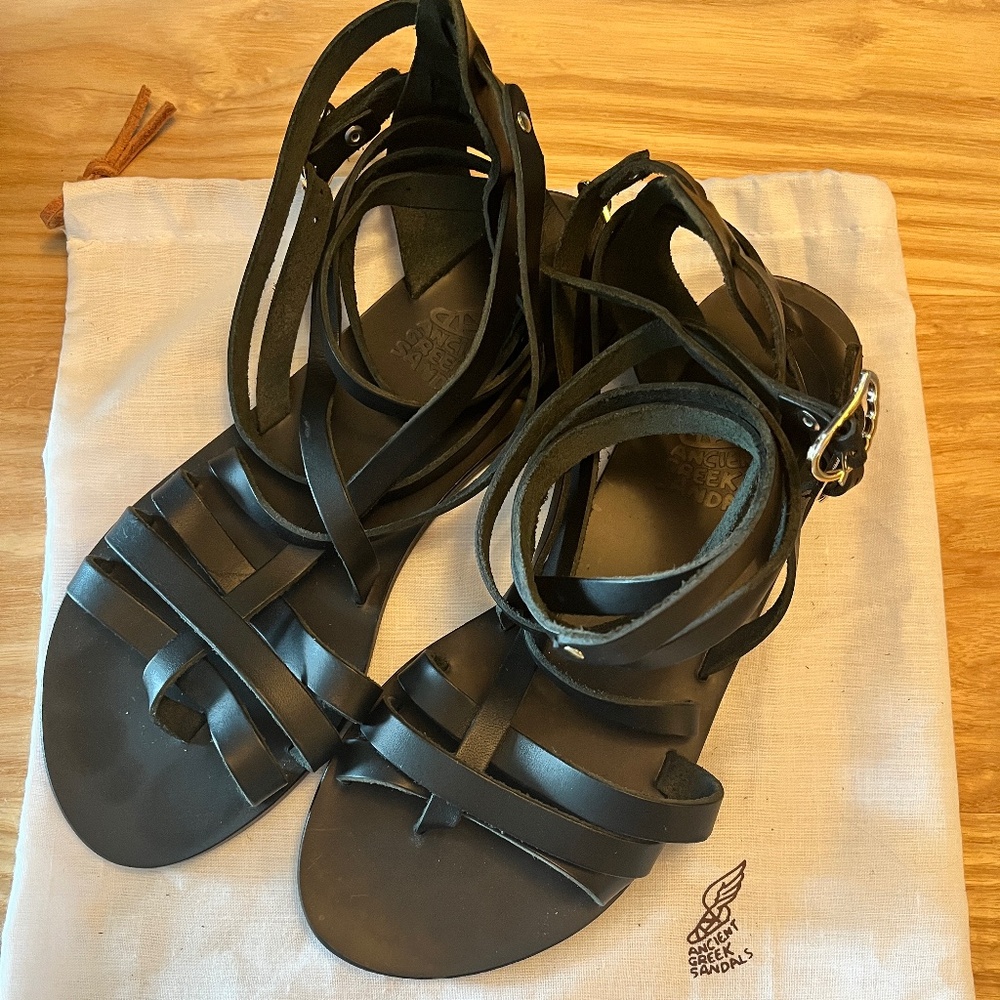 Ancient Greek Sandals Leather Black (Size 38)